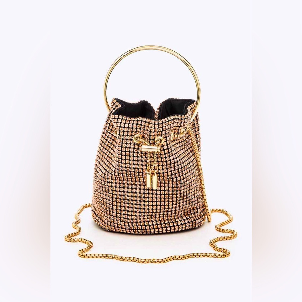 Peach Rhinestone Covered Bucket Swing Handle Handbag